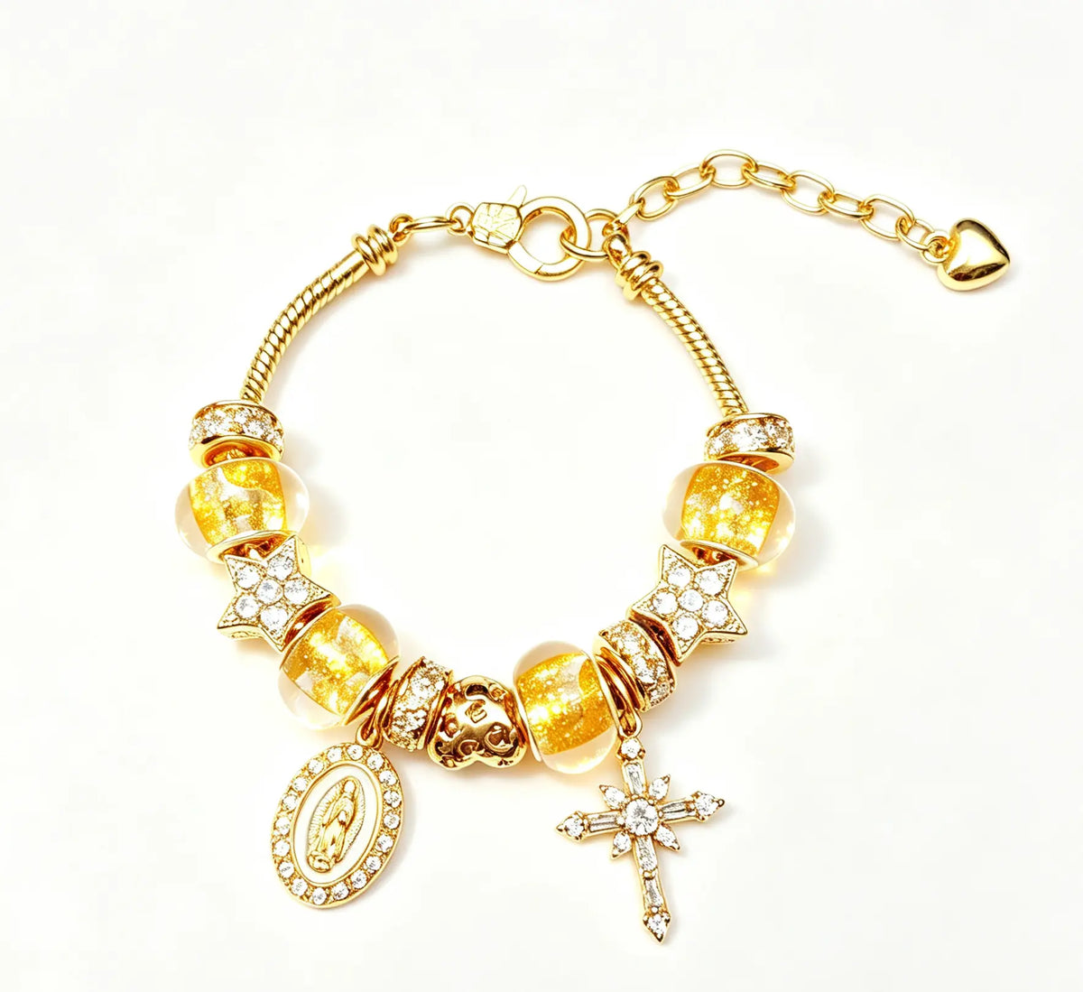 Luxury Gold Charm Bracelet with Virgin Mary & Cross Pendant Rhinestone Star Beads Fashion Religious Jewelry Gift for Her
