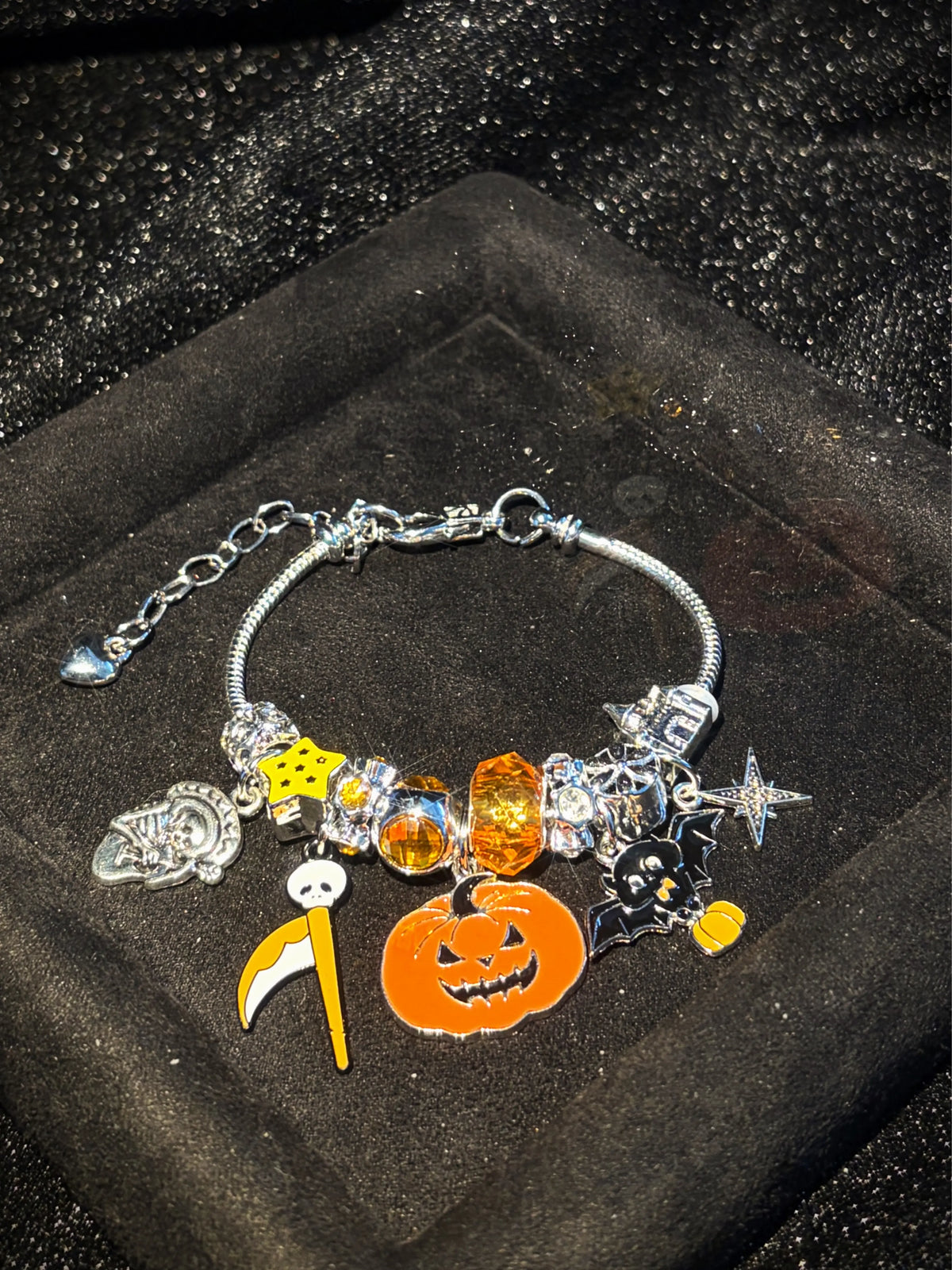 Halloween Charm Bracelet, Silver Tone Snake Chain Bracelet with Pumpkin Bat Scythe Star Enamel Charms, DIY Large Hole Beads Costume Jewelry Gift for Women Teen Girls