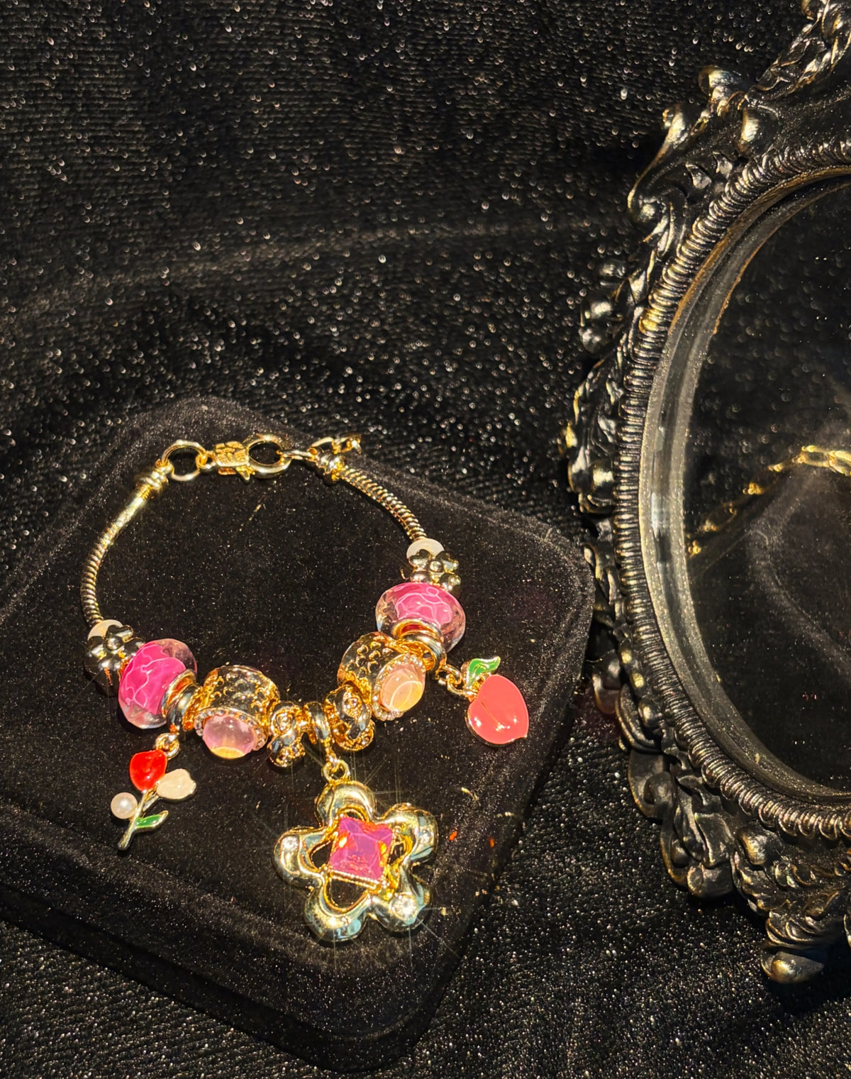 Gold-Tone Snake Chain Charm Bracelet with Clover, Peach Flower & Murano Glass Beads - Stackable Costume Jewelry Gift for Women