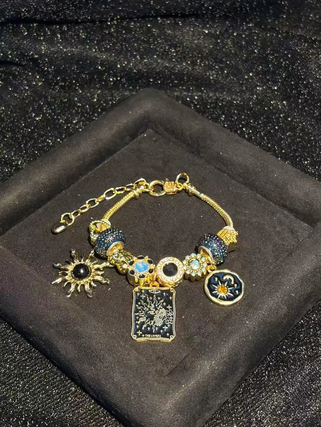 Women's Mystical Tarot Charm Bracelet - Gold-Tone Chain, Black Sparkly Rhinestone Beads, The Lovers Sun Moon Star Charms, Stackable Adjustable Costume Jewelry Gift