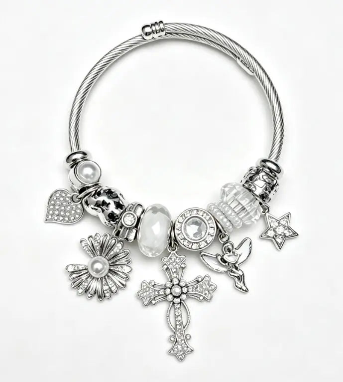 Silver Twisted Cable Open Bangle Bracelet, Rhinestone Cross Angel Daisy Pearl Star Heart Charms Beaded Bracelet, Vintage Elegant Jewelry Gift for Women Teen Girls