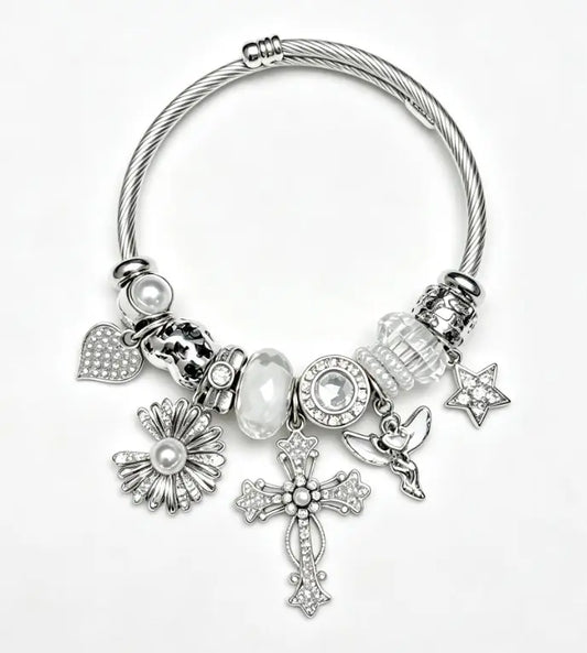Silver Twisted Cable Open Bangle Bracelet, Rhinestone Cross Angel Daisy Pearl Star Heart Charms Beaded Bracelet, Vintage Elegant Jewelry Gift for Women Teen Girls