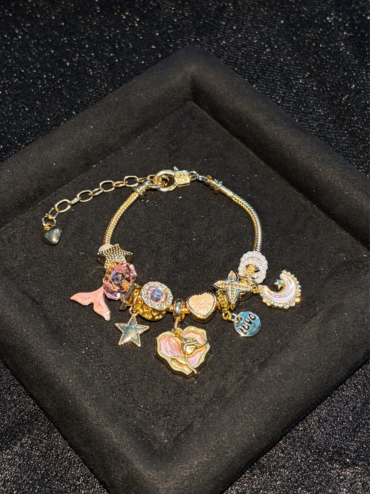 Women's Gold-Tone Multi-Charm Beaded Bracelet with Mermaid Tail, Crescent Moon, Heart, Shell, Starfish Pendants - Color Enamel Statement Summer Layered Costume Jewelry