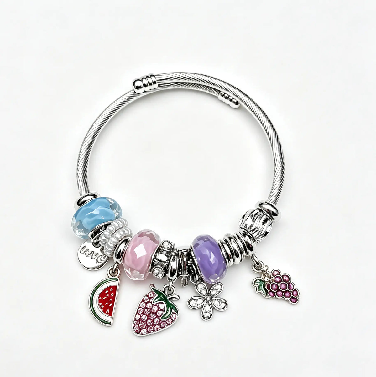 Adjustable Silver Cable Wire Charm Bangle Bracelet, Fruit Theme Dangle Charms with Watermelon Strawberry Grape Flower Rhinestone, Multicolor Murano Glass Beads Stackable Jewelry Gift for Women Teen Girls