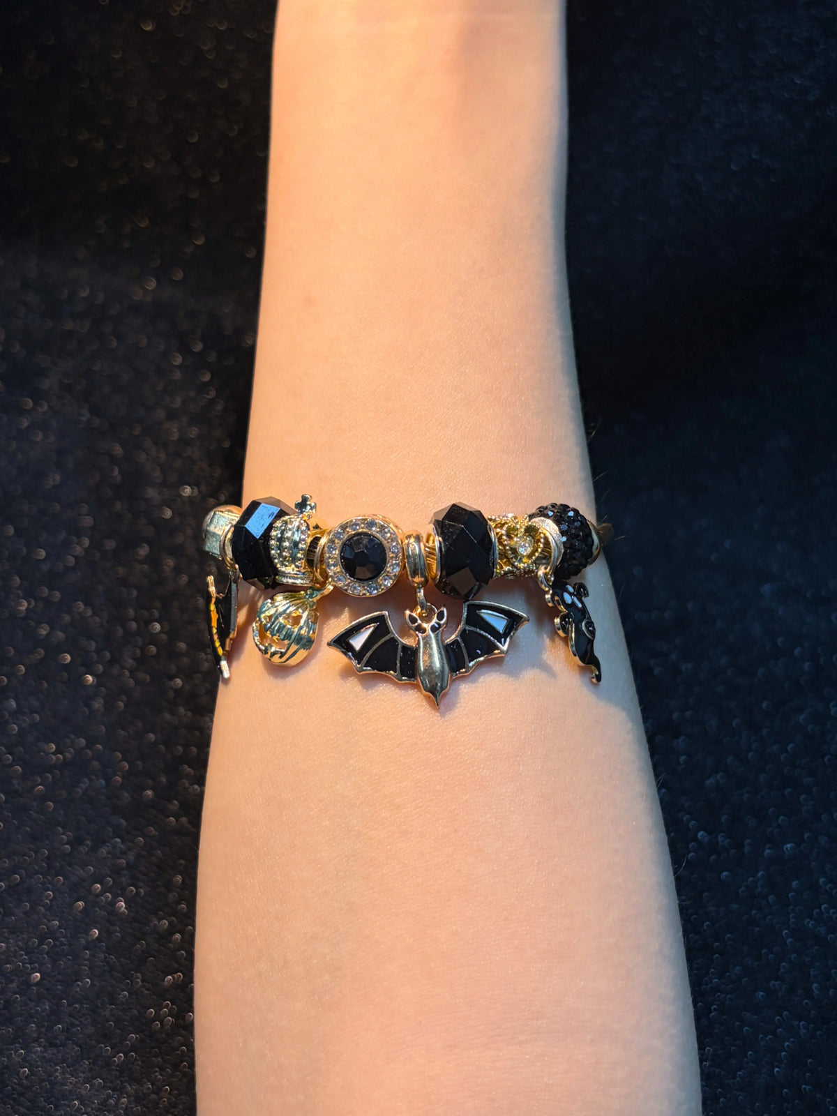 Women's Gold-Tone Open Cable Charm Bangle with Black Crystal Beads, Halloween Witch Hat Pumpkin Bat Ghost Charms, Stackable Costume Jewelry Bracelet