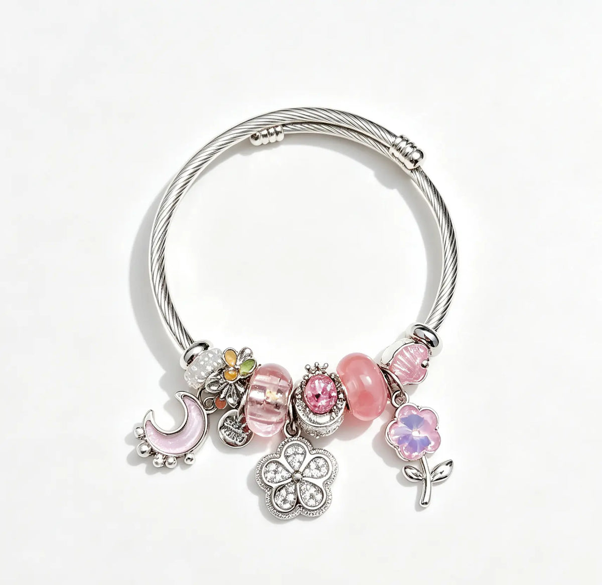 Pink Charm Bangle Bracelet for Women, Adjustable Silver Twisted Cable Wire Cuff with Moon, Clover, Flower Enamel Rhinestone Charms, Transparent Pink Murano Glass Beads Stackable Jewelry Gift for Teen Girls
