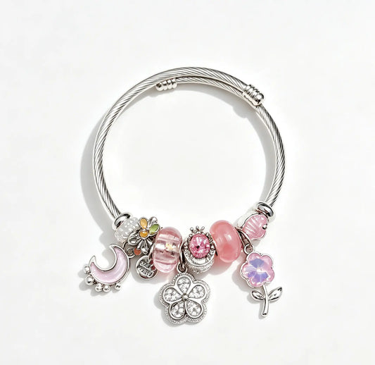 Pink Charm Bangle Bracelet for Women, Adjustable Silver Twisted Cable Wire Cuff with Moon, Clover, Flower Enamel Rhinestone Charms, Transparent Pink Murano Glass Beads Stackable Jewelry Gift for Teen Girls