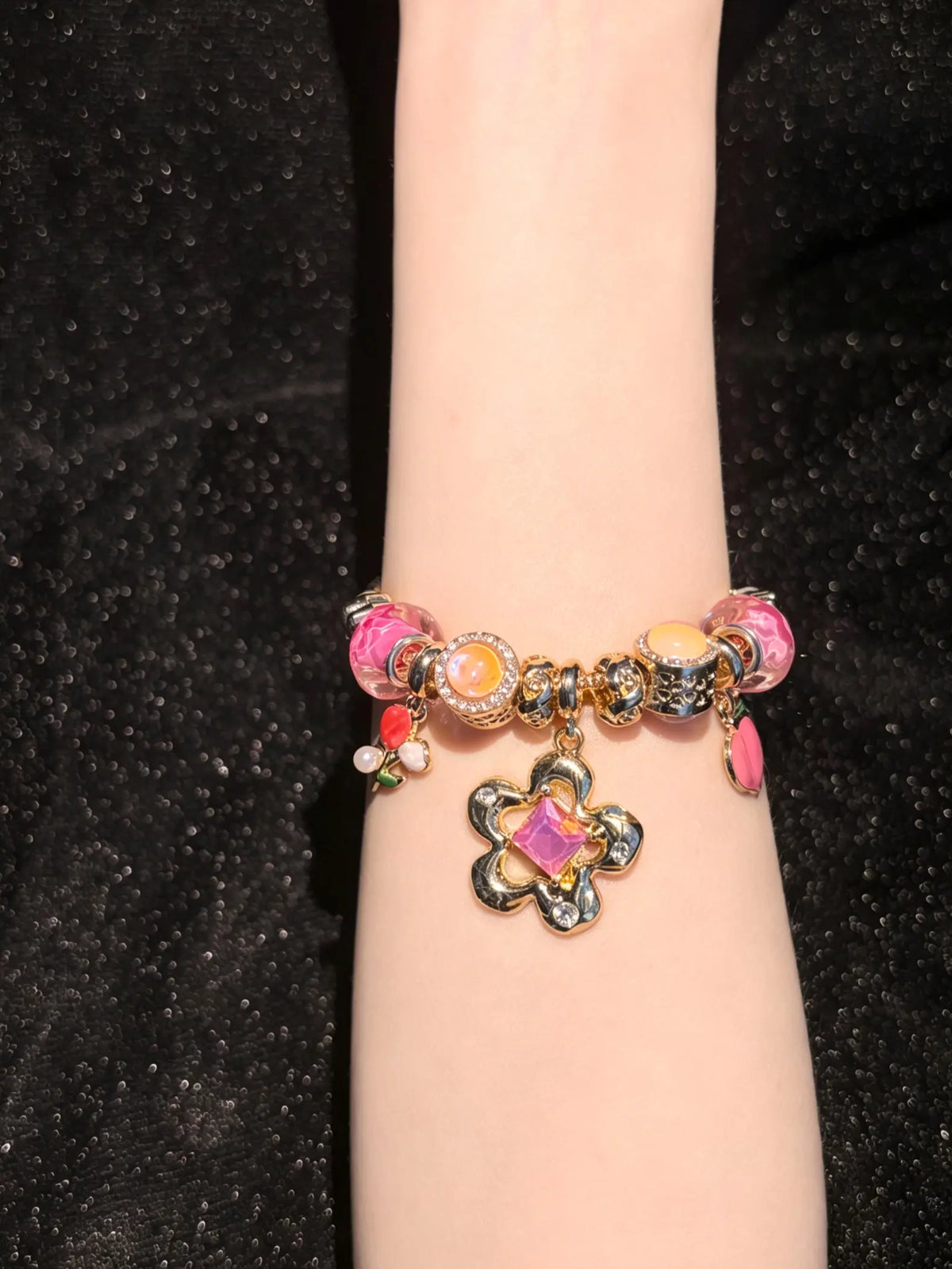 Gold-Tone Snake Chain Charm Bracelet with Clover, Peach Flower & Murano Glass Beads - Stackable Costume Jewelry Gift for Women
