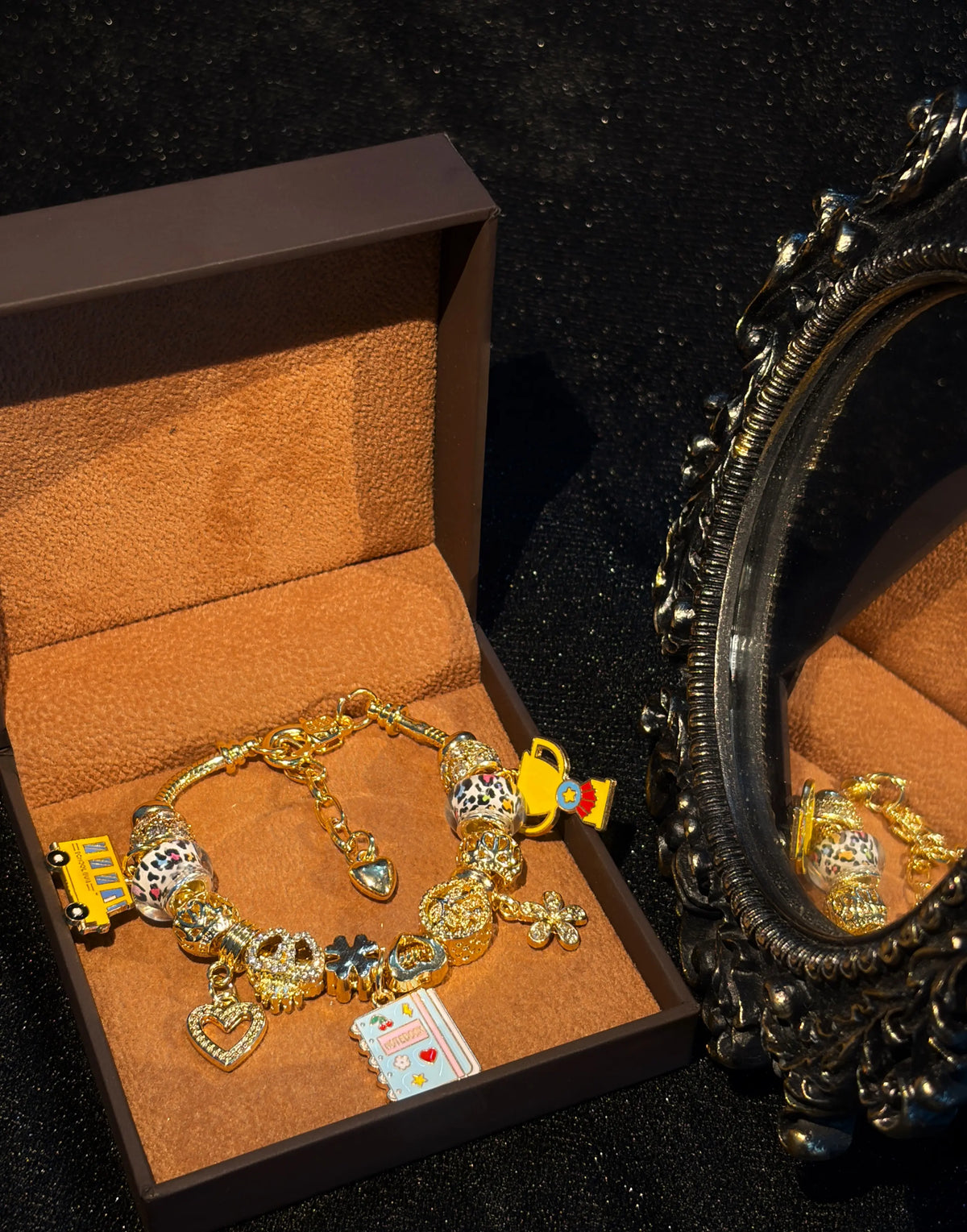 Girls' Gold-Tone Adjustable Snake Chain Back to School Charm Bracelet with School Bus, Notebook, Trophy Dangle Charms, Enamel Beaded Costume Jewelry Gift