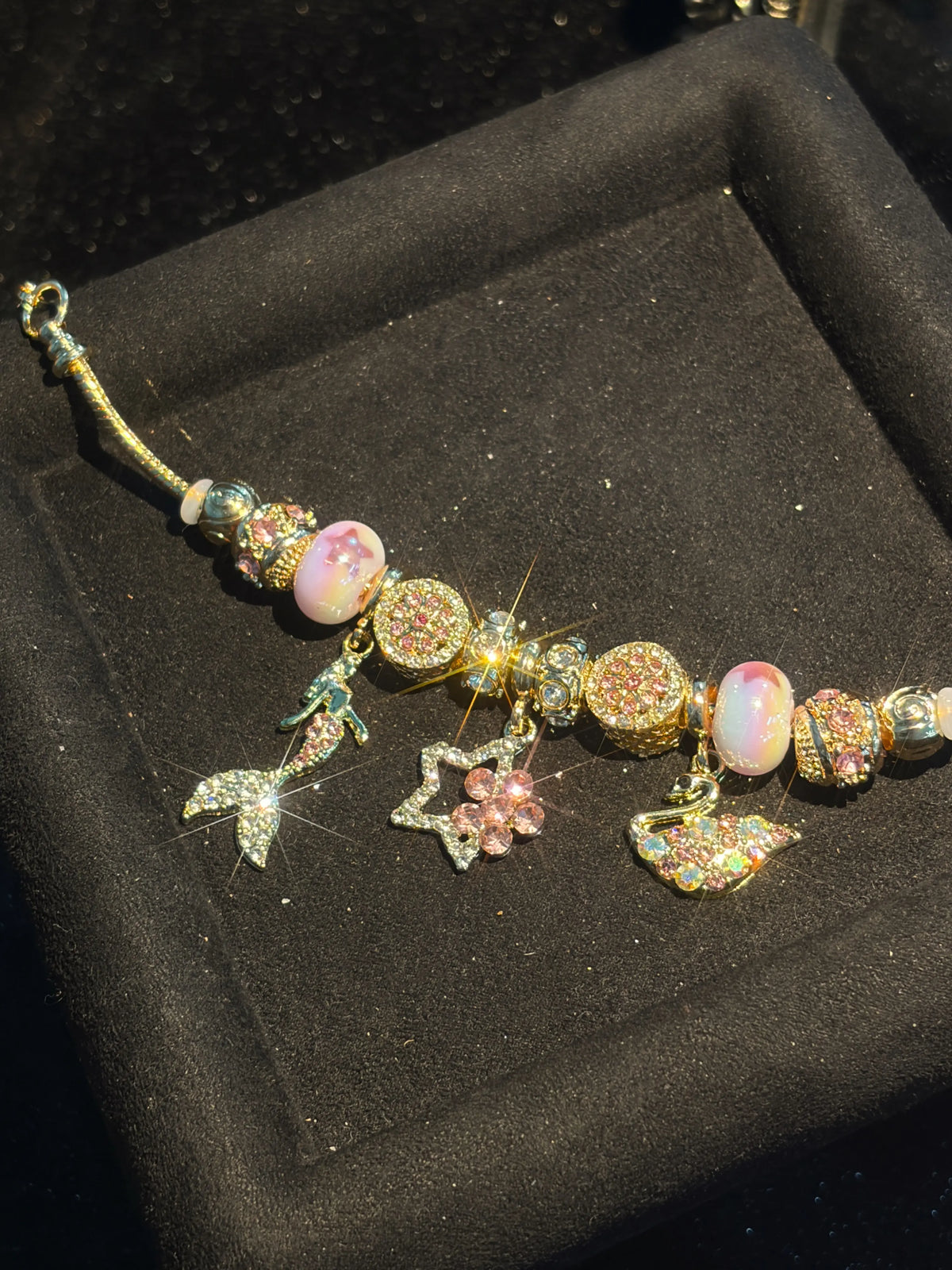 Women Gold‑Tone Mermaid Charm Bracelet, Pink Rhinestone Star Butterfly Dangle Charms, Colorful Murano‑Style Beads Snake Chain Bracelet, Fairytale Hand Jewelry Gift For Women Girls Daily Party Dating Wear