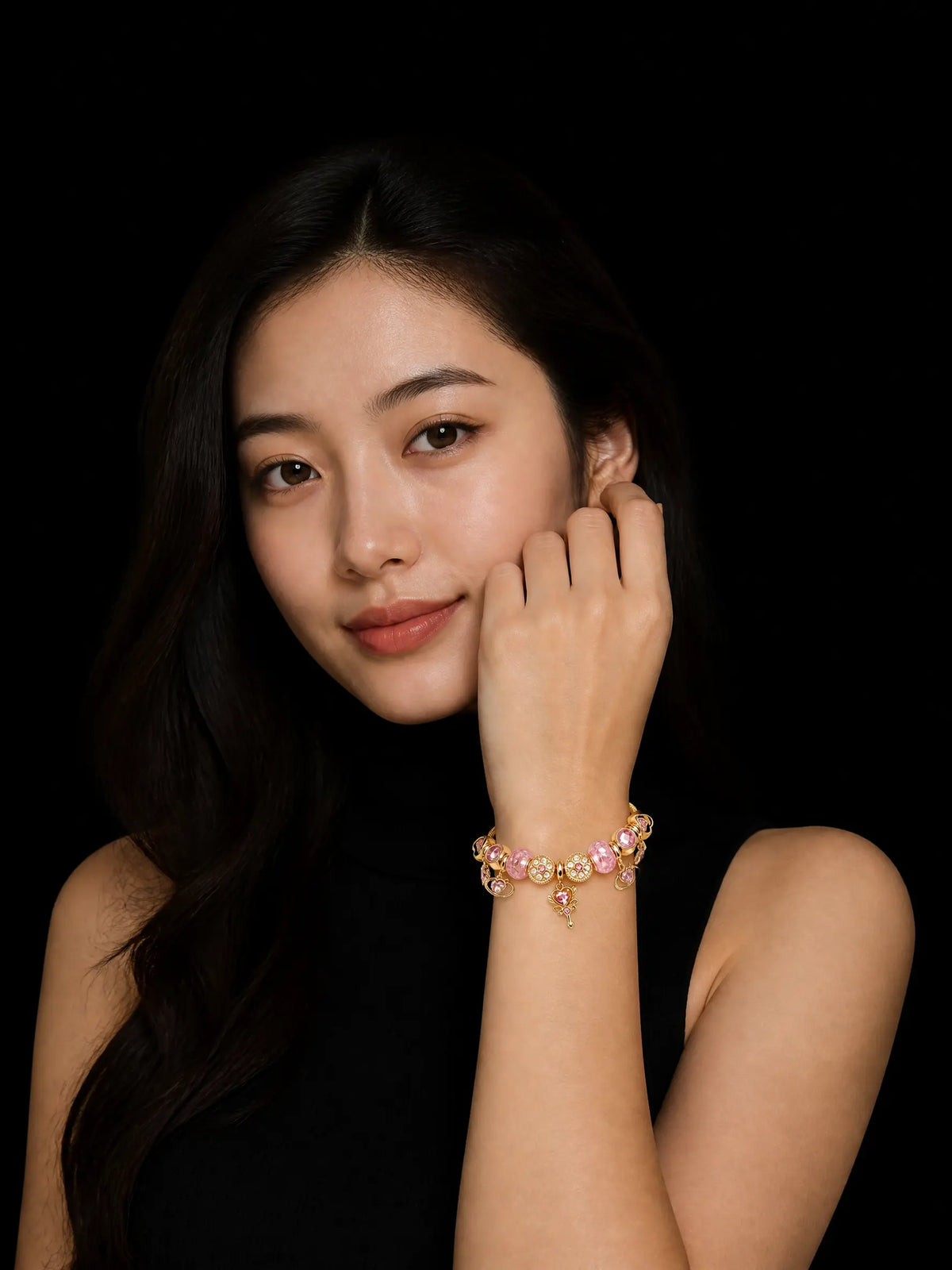 Sparkle & Sweetness: Pink Crystal Heart Charm Bracelet - Gold Snake Chain Adjustable Bangle for Her