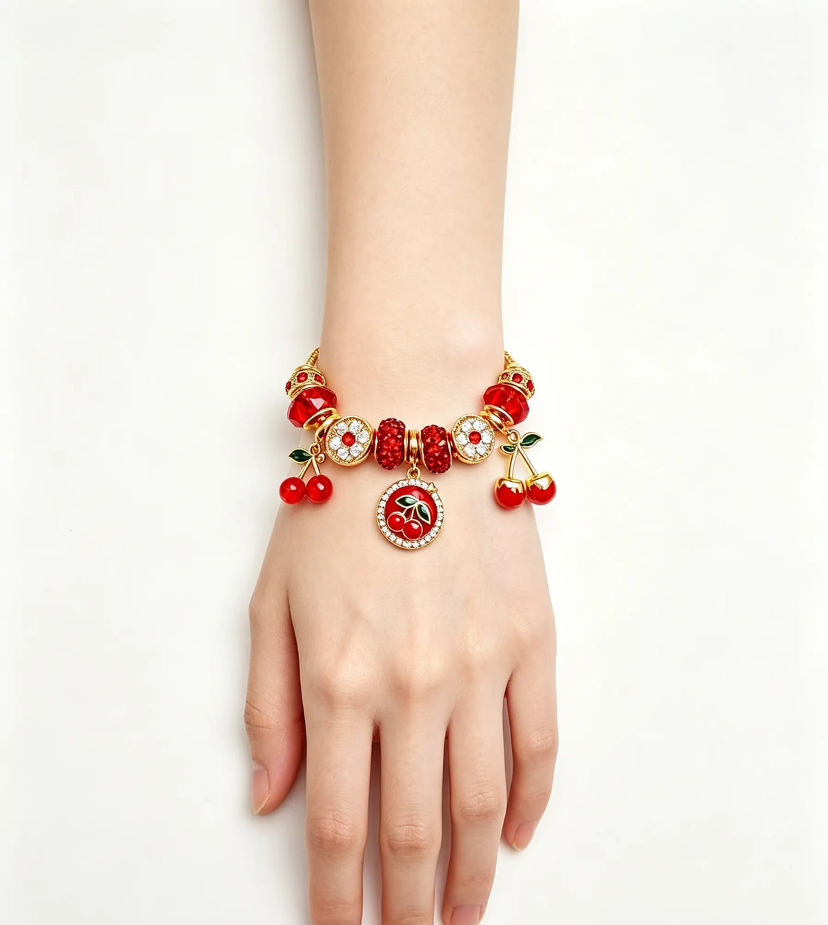 Gold Tone Cherry Charm Bracelet, Red Crystal Beaded Snake Chain Bracelet， Jewelry Gift for Women Girls