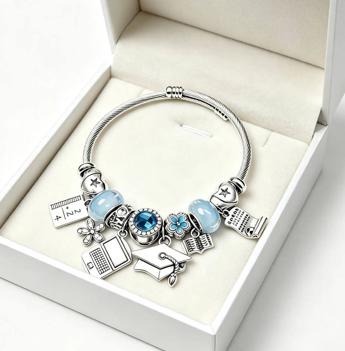 Graduation Commemorative Charm Bracelet | Twisted Rope Silver Bangle with Cap/Laptop/Book Charms (Blue/Purple Options)