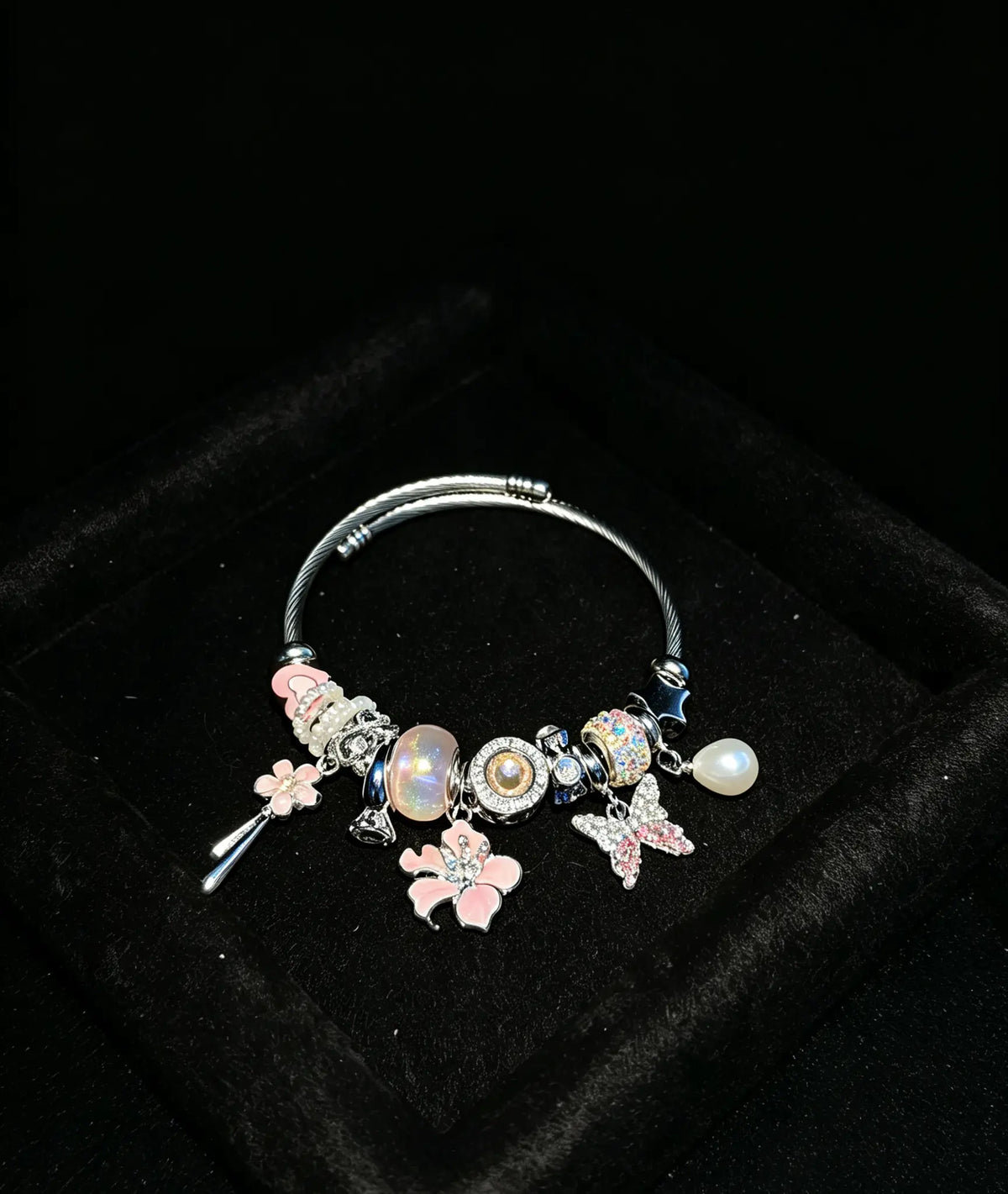 Women's Pink Enamel Charm Open Cuff Bangle Bracelet - Silver-Toned Wire Bangle with Star, Flower, Pearl, Crystal Charms - Sparkling Costume Fashion Jewelry Accessory