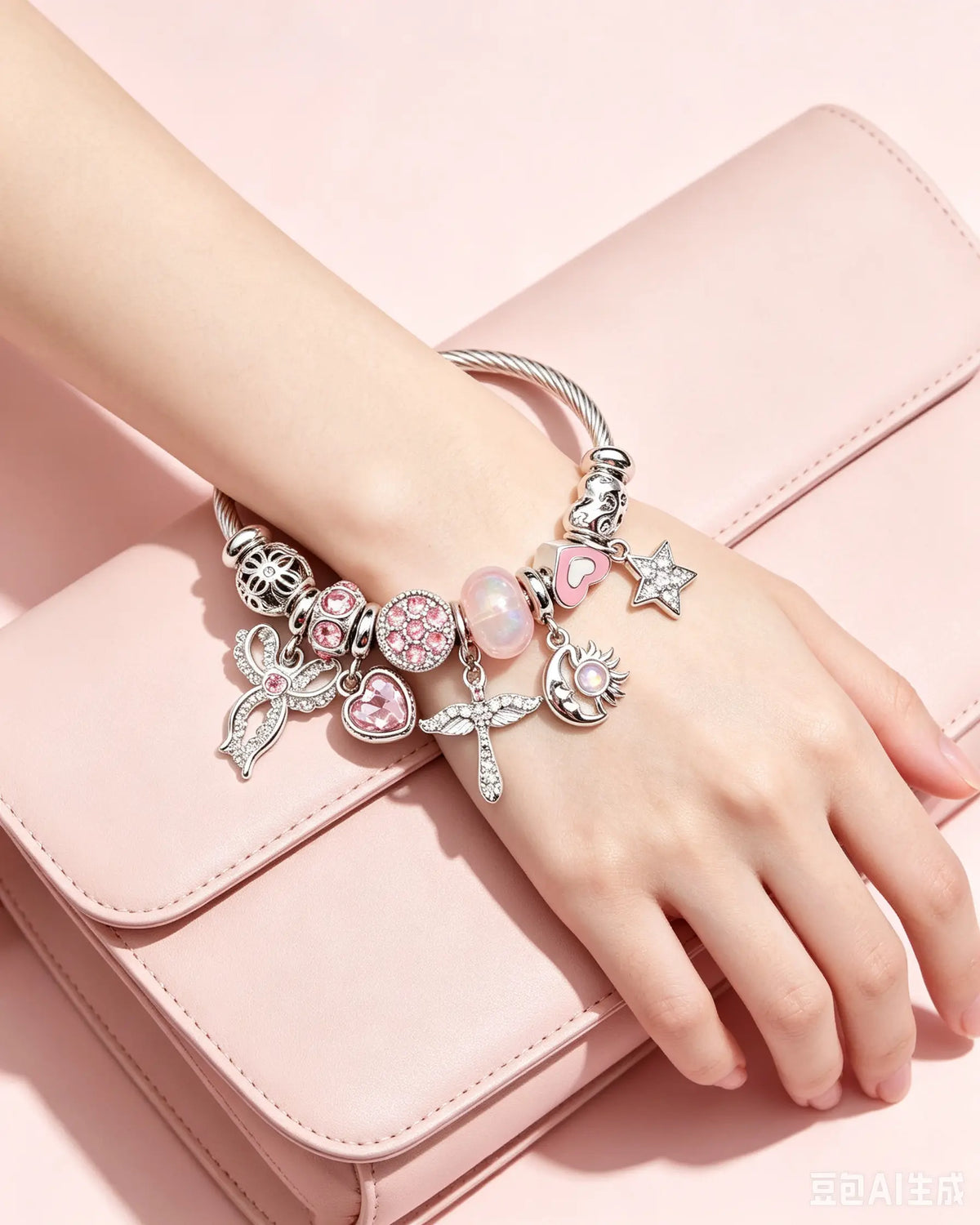 Silver Tone Adjustable Wire Bangle Bracelet with Pink Rhinestone Heart Angel Moon Star Charms, Women Cute Pink Bead Charm Jewelry Gift