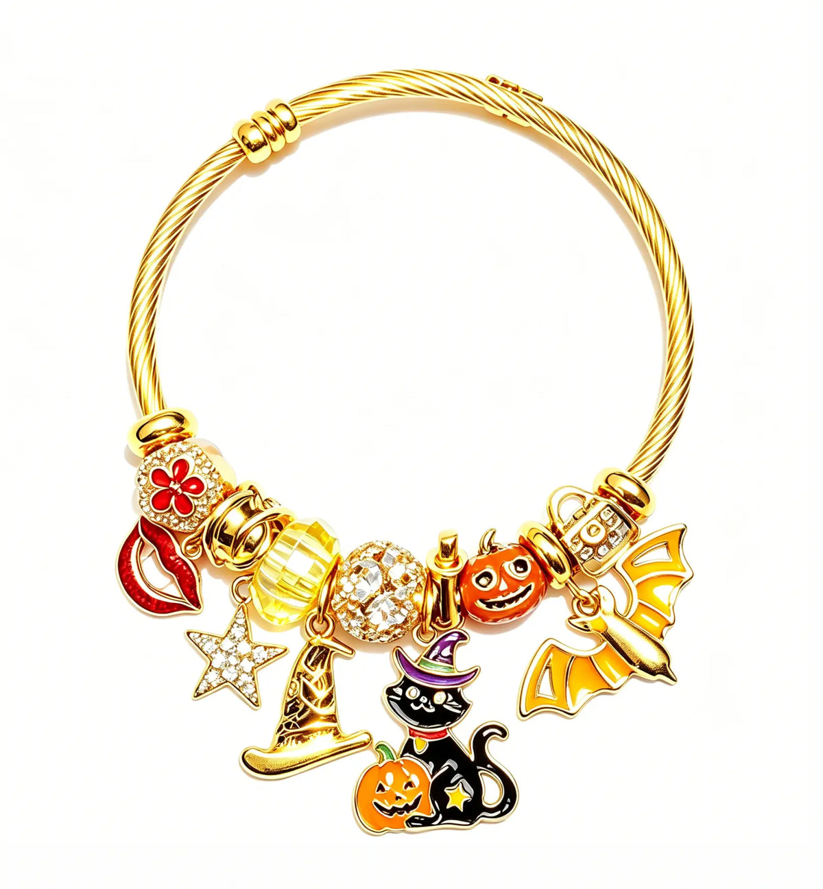 Halloween Charm Bangle Bracelet, Gold Tone Adjustable Wire Cuff with Black Cat, Pumpkin, Bat Witch Hat Enamel Charms, Halloween Jewelry Gift for Women Girls