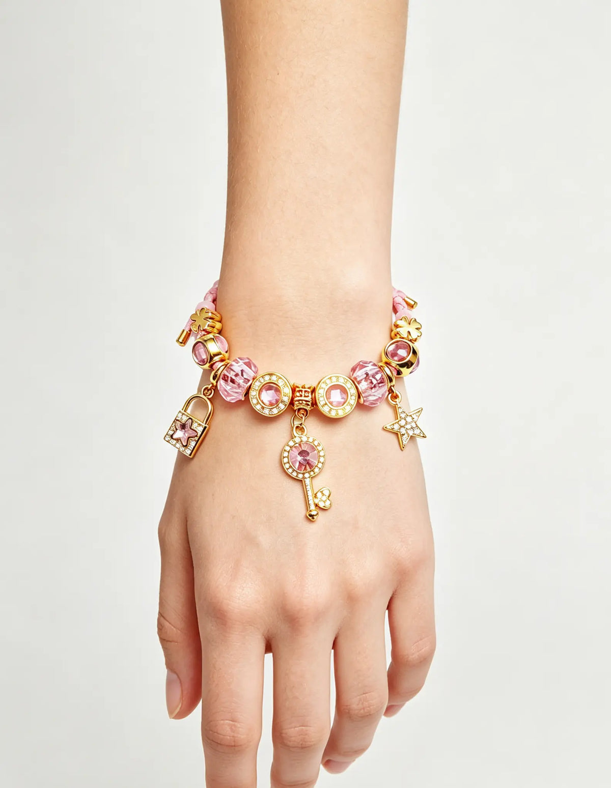 Women's Adjustable Pink Braided Leather Charm Bracelet - Sparkling Crystal, Gold Lock, Star Key, 4 Leaf Clover Beads Fashion Costume Jewelry Gift