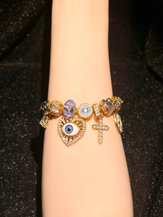 Evil-Eye Cross Tree-of-Life Multi-Charm Enamel Snake Chain Bracelet, Stackable Fashion Costume Jewelry Gift for Women
