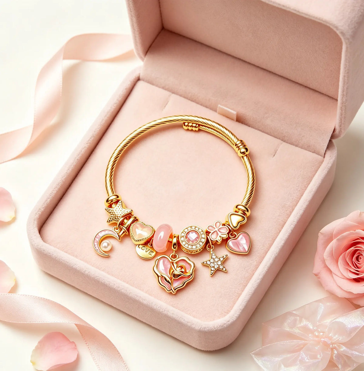 Women's Pink Rose Heart Charm Bangle - Gold Twist Cable Wire Open Cuff Bracelet with Moon, Star, 4-Leaf Clover Dangle Charms, Fashion Costume Jewelry Gift