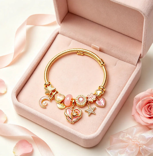 Women's Pink Rose Heart Charm Bangle - Gold Twist Cable Wire Open Cuff Bracelet with Moon, Star, 4-Leaf Clover Dangle Charms, Fashion Costume Jewelry Gift