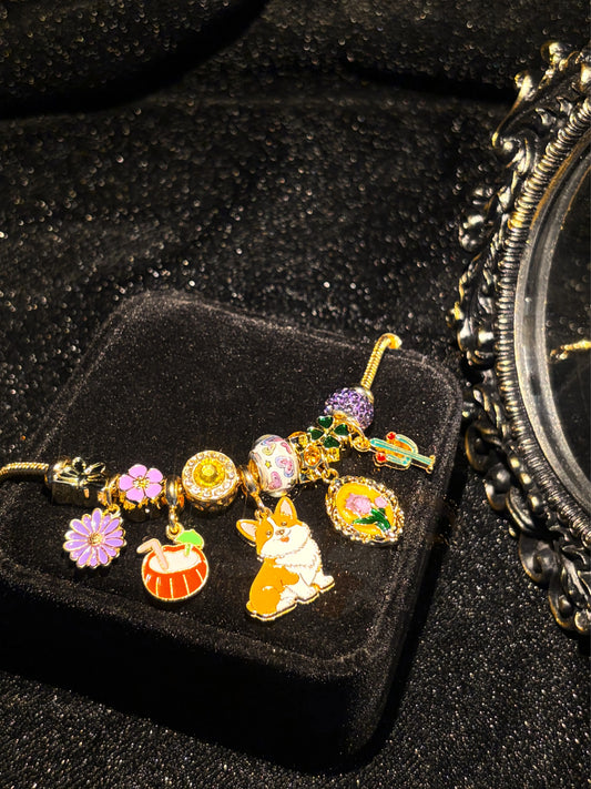 Cute Corgi Dog Charm Bracelet - Multi-Charm Coconut, Flower, Cactus, Car Photo Frame Beaded Bracelet, Stackable Fashion Jewelry Gift for Women
