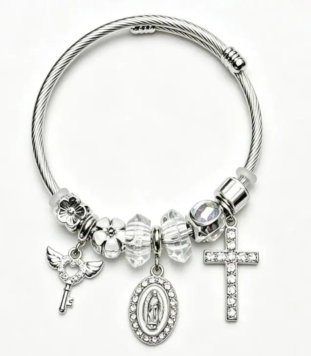 Tone Silver Snake Chain Charm Bracelet Rhinestone Cross Saint Medal Wing Key Clear Crystal Floral Bead Religious Women Jewelry Gift