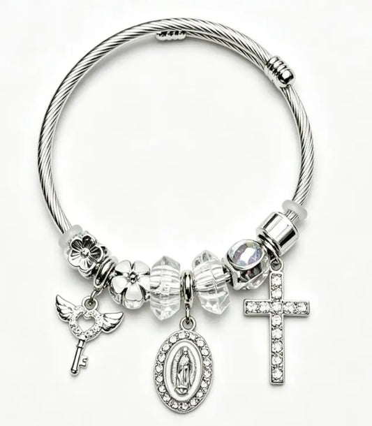 Tone Silver Snake Chain Charm Bracelet Rhinestone Cross Saint Medal Wing Key Clear Crystal Floral Bead Religious Women Jewelry Gift