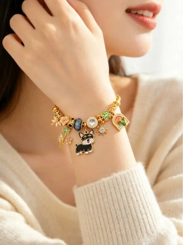 Tone Gold Twisted Wire Open Bangle Cute Schnauzer Dog Clover Floral Rhinestone Enamel Charm Bracelet Women Pet Lover Jewelry Gift