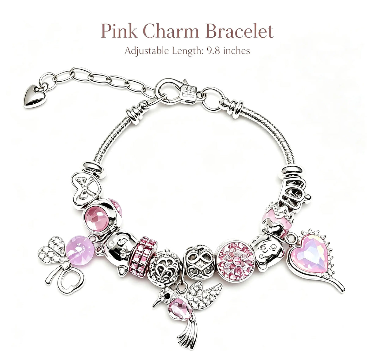 Pink Charm Bracelet for Women Girls - Fashion Silver-Tone Snake Chain with Crystal Heart, Hummingbird & Owl Charms - Sweet DIY Beaded Jewelry Gift for Birthday, Valentine's Day