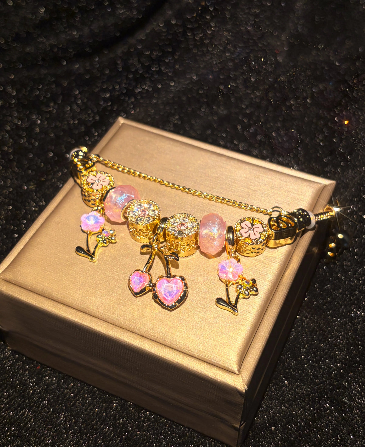 Women's Gold-Tone Adjustable Charm Bracelet - Sparkly Pink Heart, Flower Beads, Rhinestone Crystals - Fashion Costume Jewelry Gift
