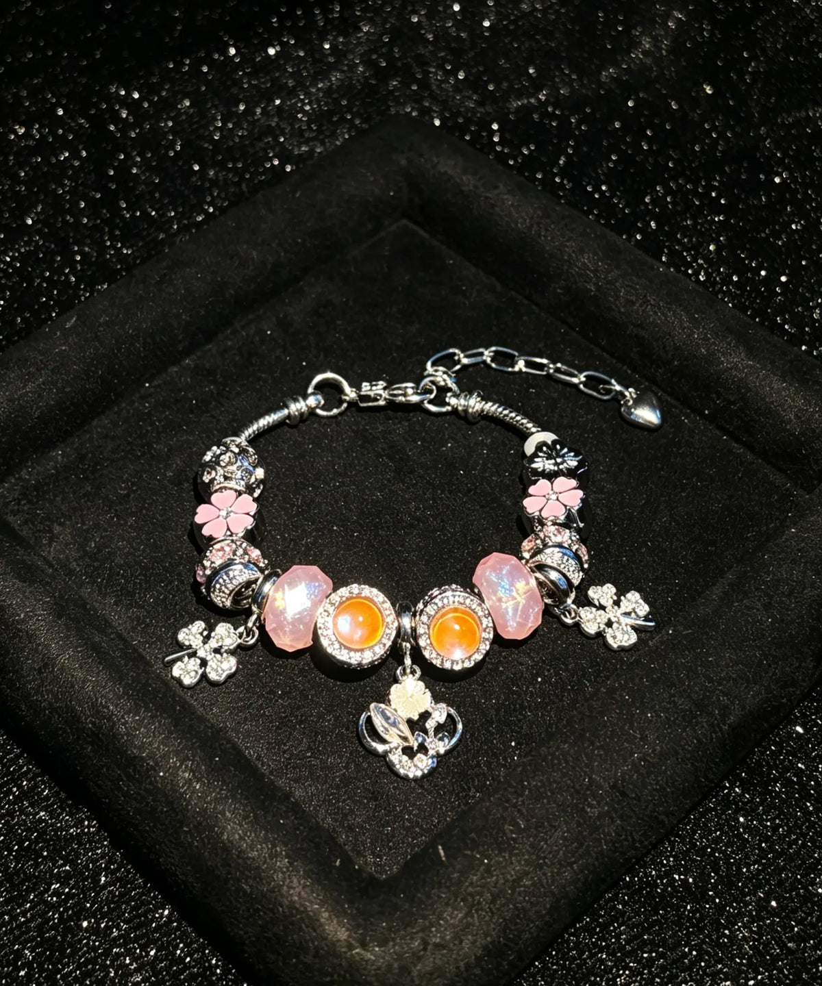 Women's Enchanting Pink-Orange Beaded Charm Bracelet with 4-Leaf Clover Dangle, Fashion Costume Jewelry Gift