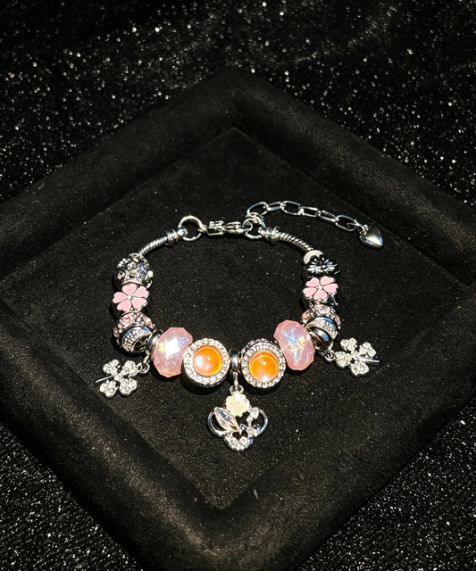 Women's Enchanting Pink-Orange Beaded Charm Bracelet with 4-Leaf Clover Dangle, Fashion Costume Jewelry Gift