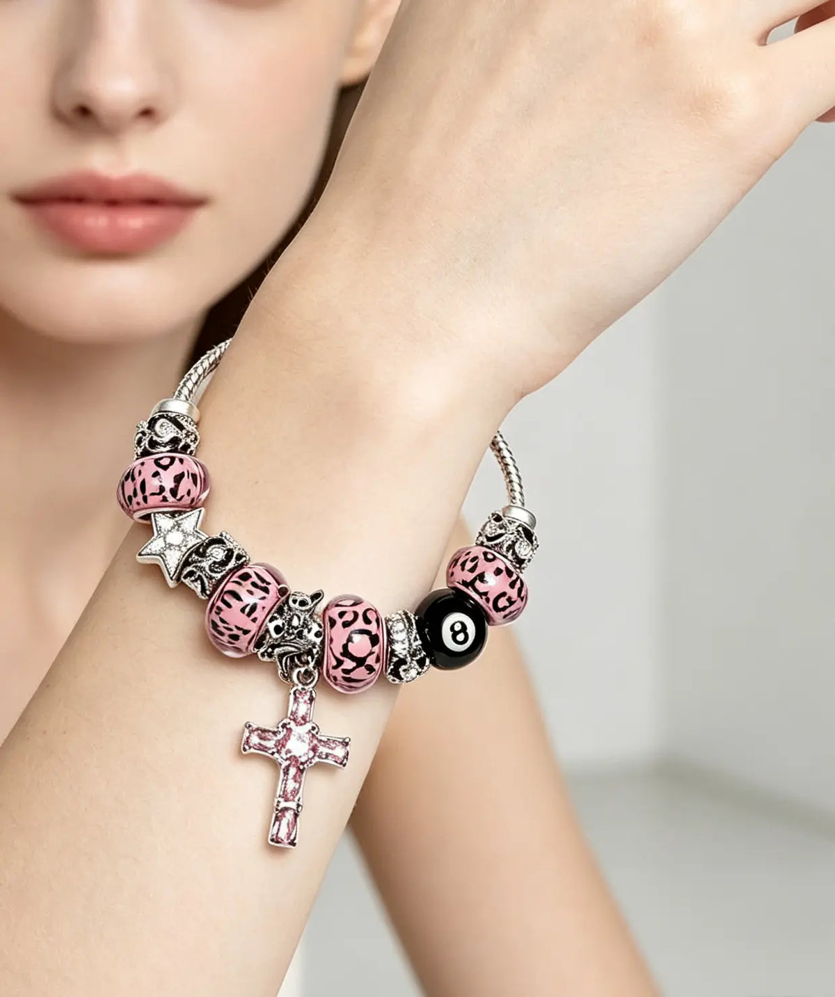 Pink Leopard Print Beaded Charm Bracelet, Black 8 Ball & Pink Crystal Cross Dangle Snake Chain Bracelet