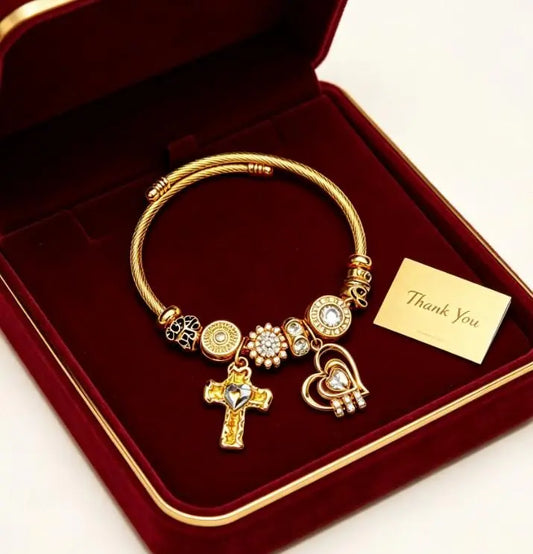 Gold Cross Heart Charm Bangle for Women, Adjustable Wire Cable Cuff Bracelet with Crystal Rhinestone Beads, Inner Diameter 2.28 Inches Dainty Religious Faith Jewelry Gift