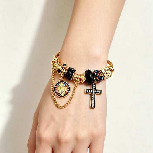 Adjustable Gold-Tone Cable Wire Bangle Bracelet, Virgin Mary Medal & Black Cross Charms Beaded Bracelet, Religious Jewelry Gift for Women