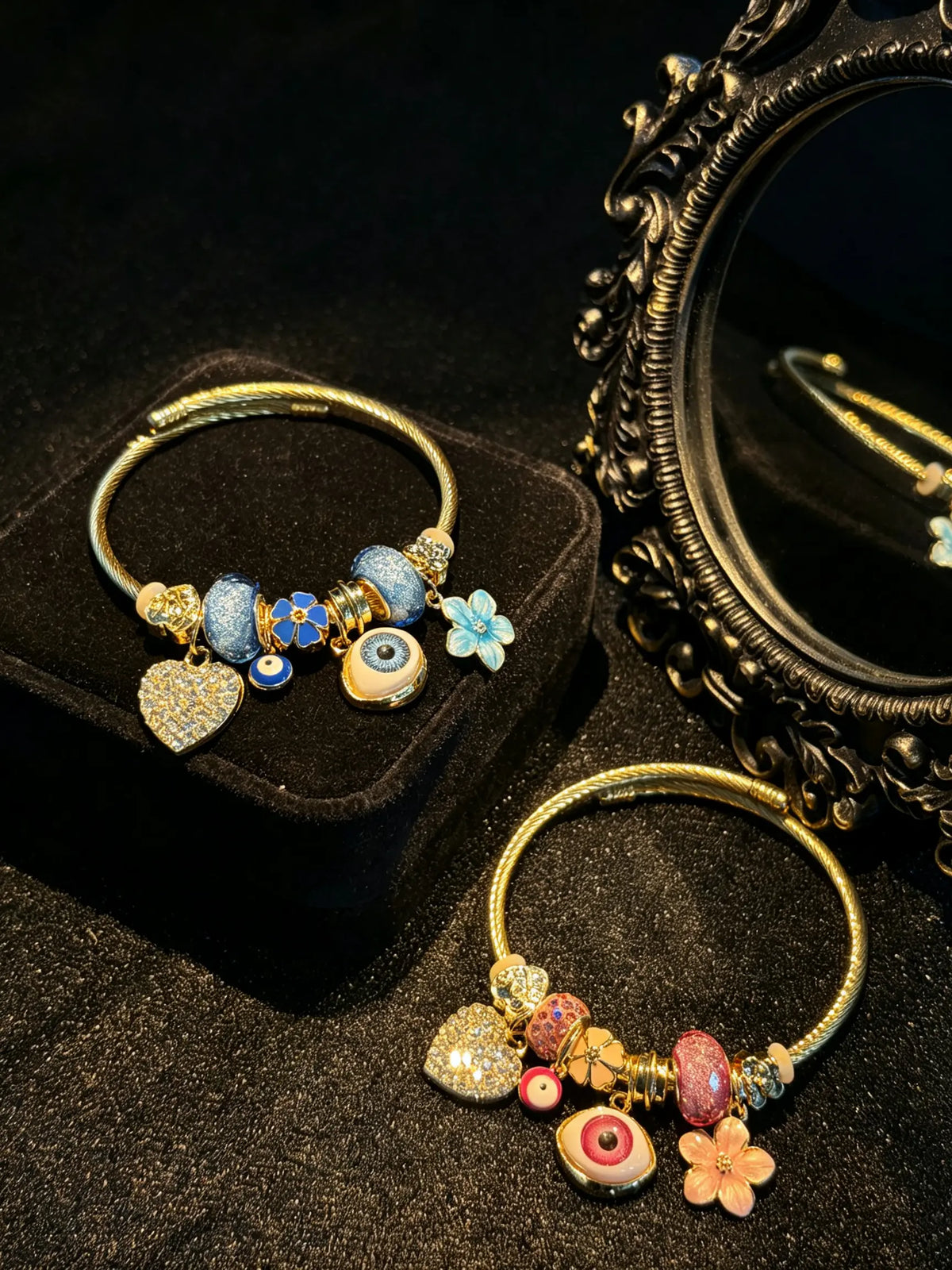 Women's Evil Eye Gold-Tone Open Cuff Bangle, Heart Flower Stackable Costume Jewelry