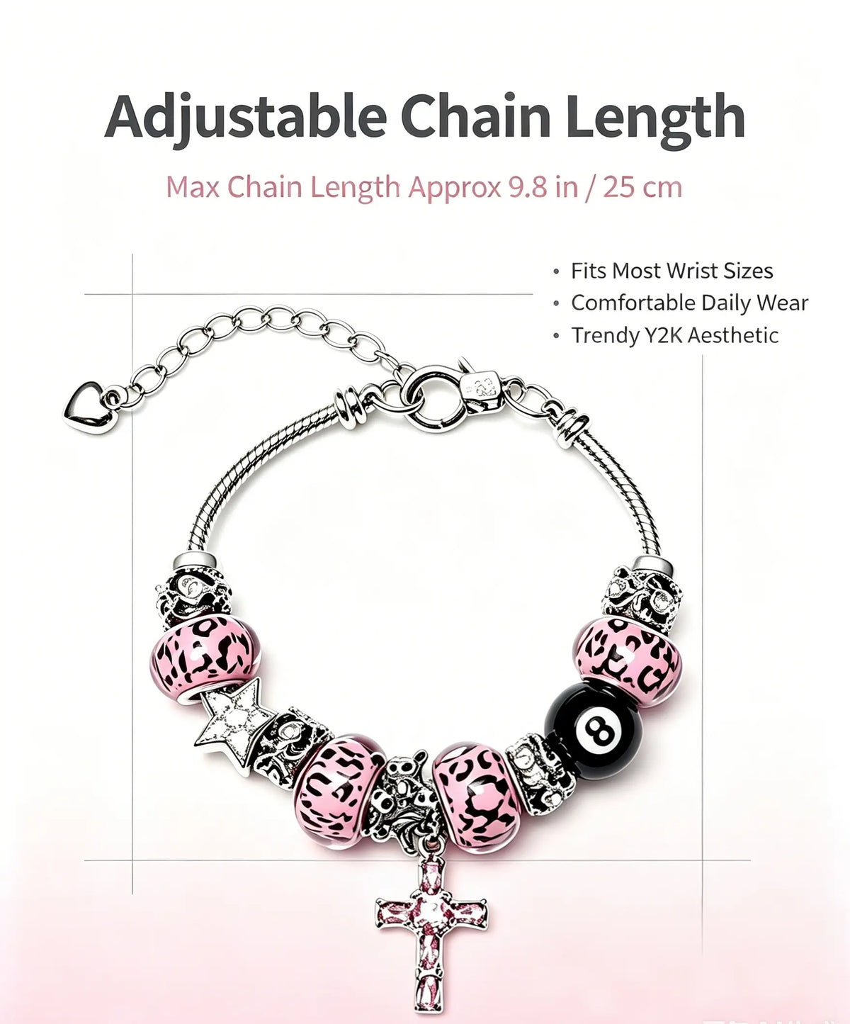 Pink Leopard Print Beaded Charm Bracelet, Black 8 Ball & Pink Crystal Cross Dangle Snake Chain Bracelet