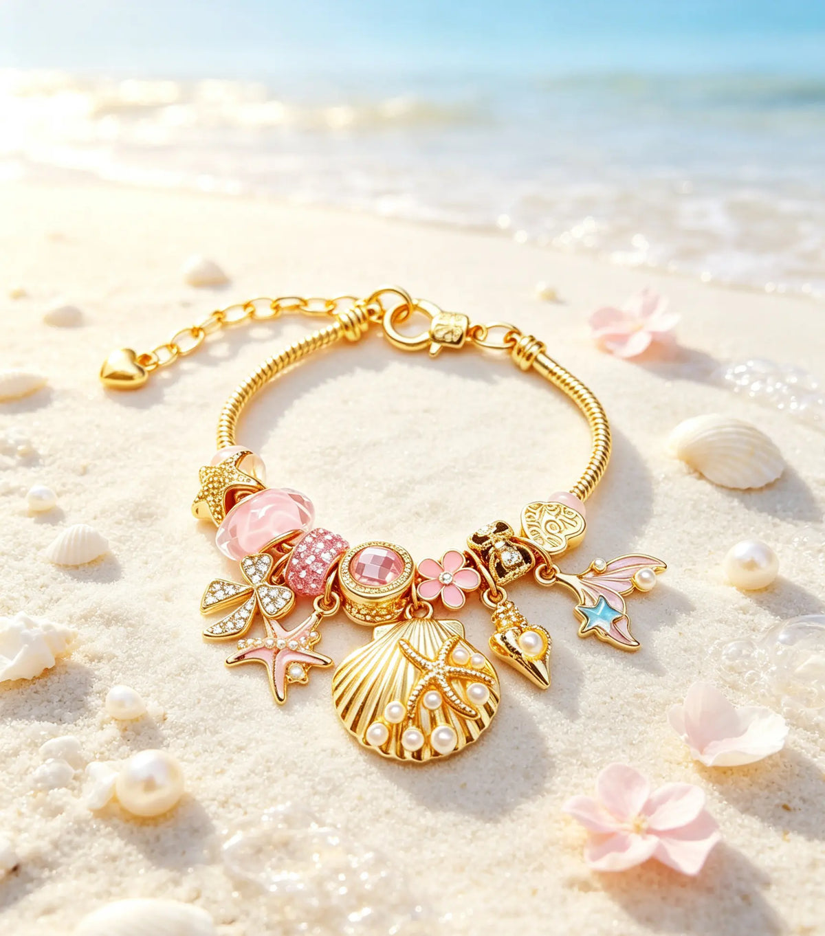 Ocean Mermaid Shell Charm Bracelet, Gold-Tone Adjustable Snake Chain Bracelet with Starfish Conch Pearl Dangle Charms, Pink Beach Themed Jewelry Gift for Women Girls