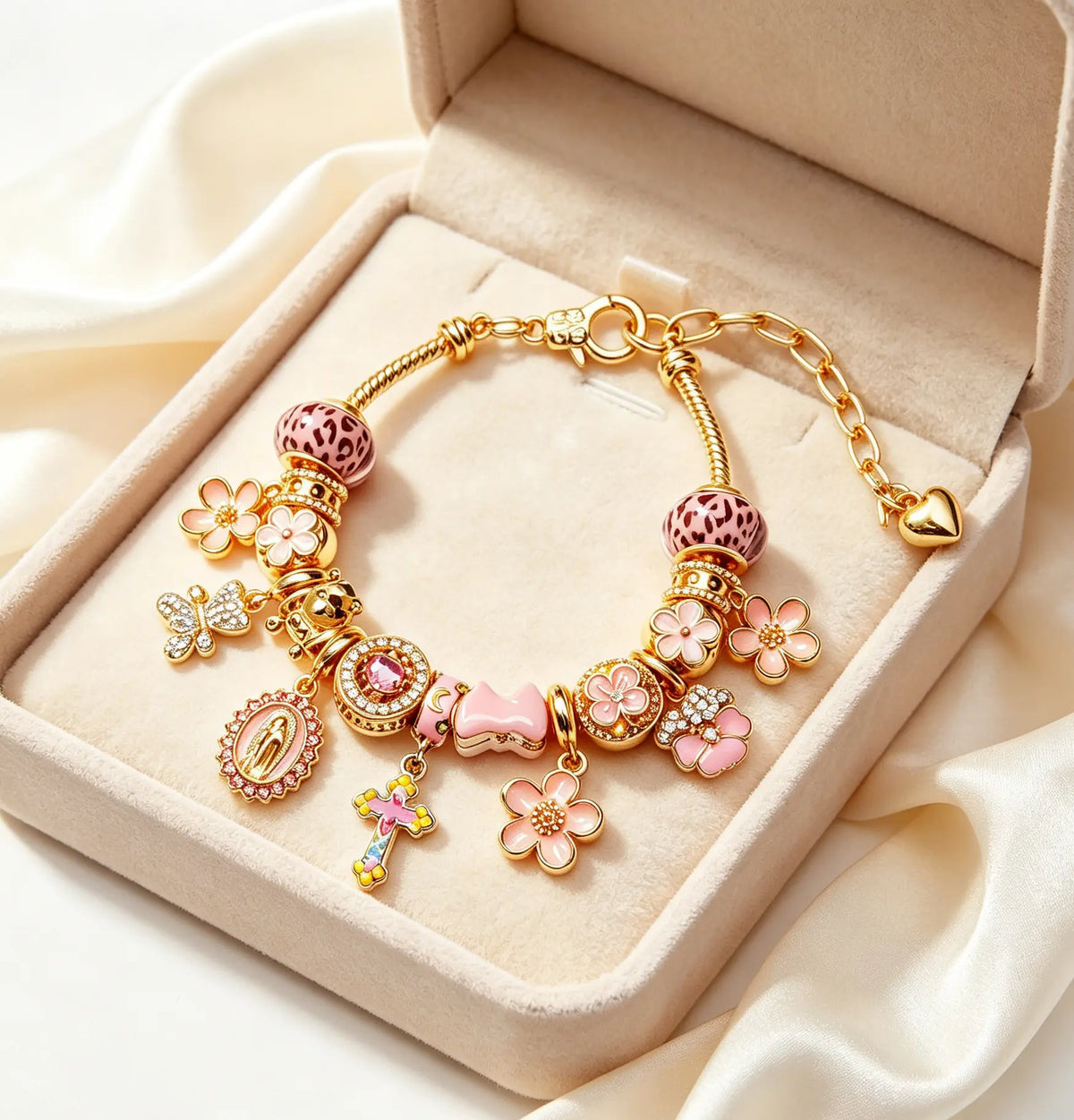 Pink Enamel Leopard Print Flower Charm Bracelet, Gold Tone Adjustable Chain Cross Virgin Mary Butterfly Beaded Bracelet, Fashion Dainty Jewelry Gift for Women