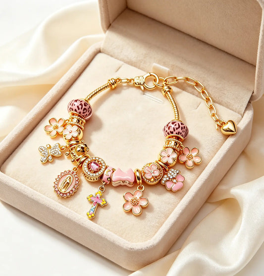 Pink Enamel Leopard Print Flower Charm Bracelet, Gold Tone Adjustable Chain Cross Virgin Mary Butterfly Beaded Bracelet, Fashion Dainty Jewelry Gift for Women