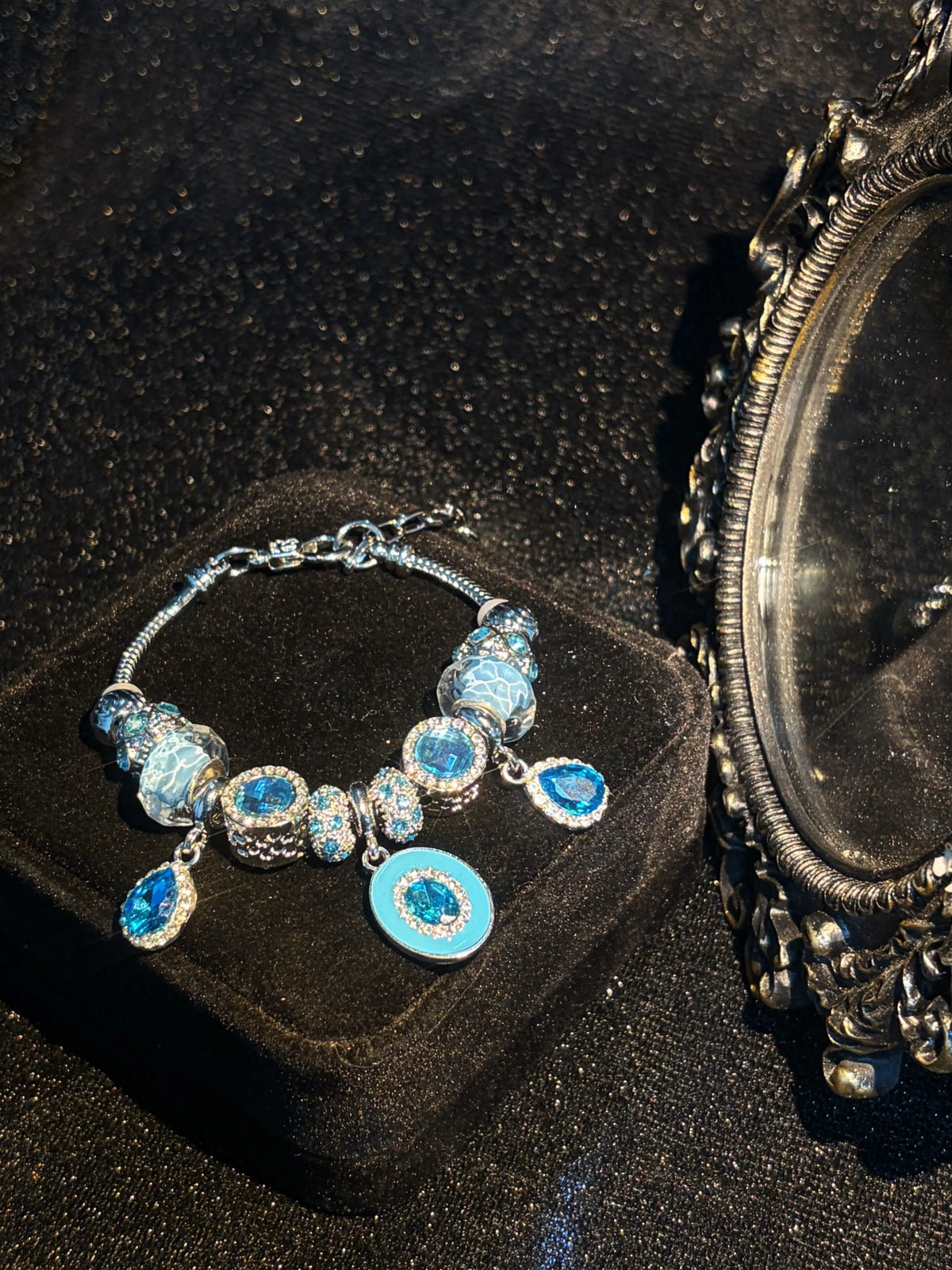 Silver‑Tone Snake Chain Charm Bracelet for Women, Ocean Style Blue Crystal & Murano‑Style Glass Beaded Bracelet, Teardrop Rhinestone Dangle Charms, Stackable Statement Jewelry Gift