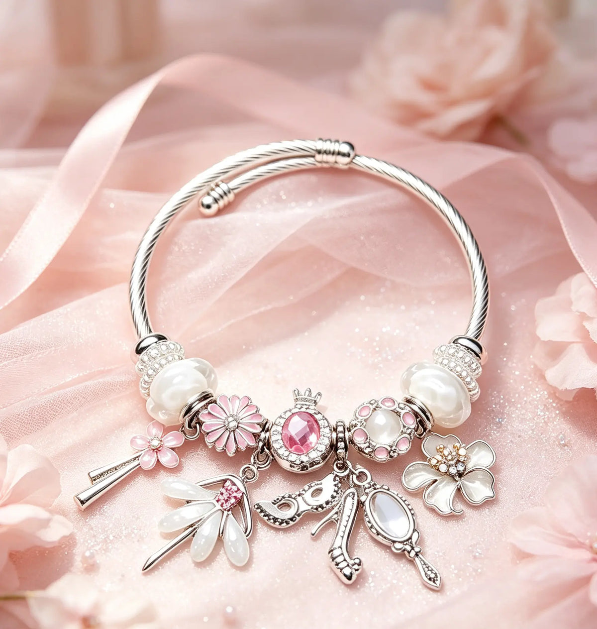 Silver Tone Ballet Charm Bracelet for Women, Pink Crystal Flower Bangle with Ballet Shoe Pendant, Elegant Fairycore Jewelry Gift for Her