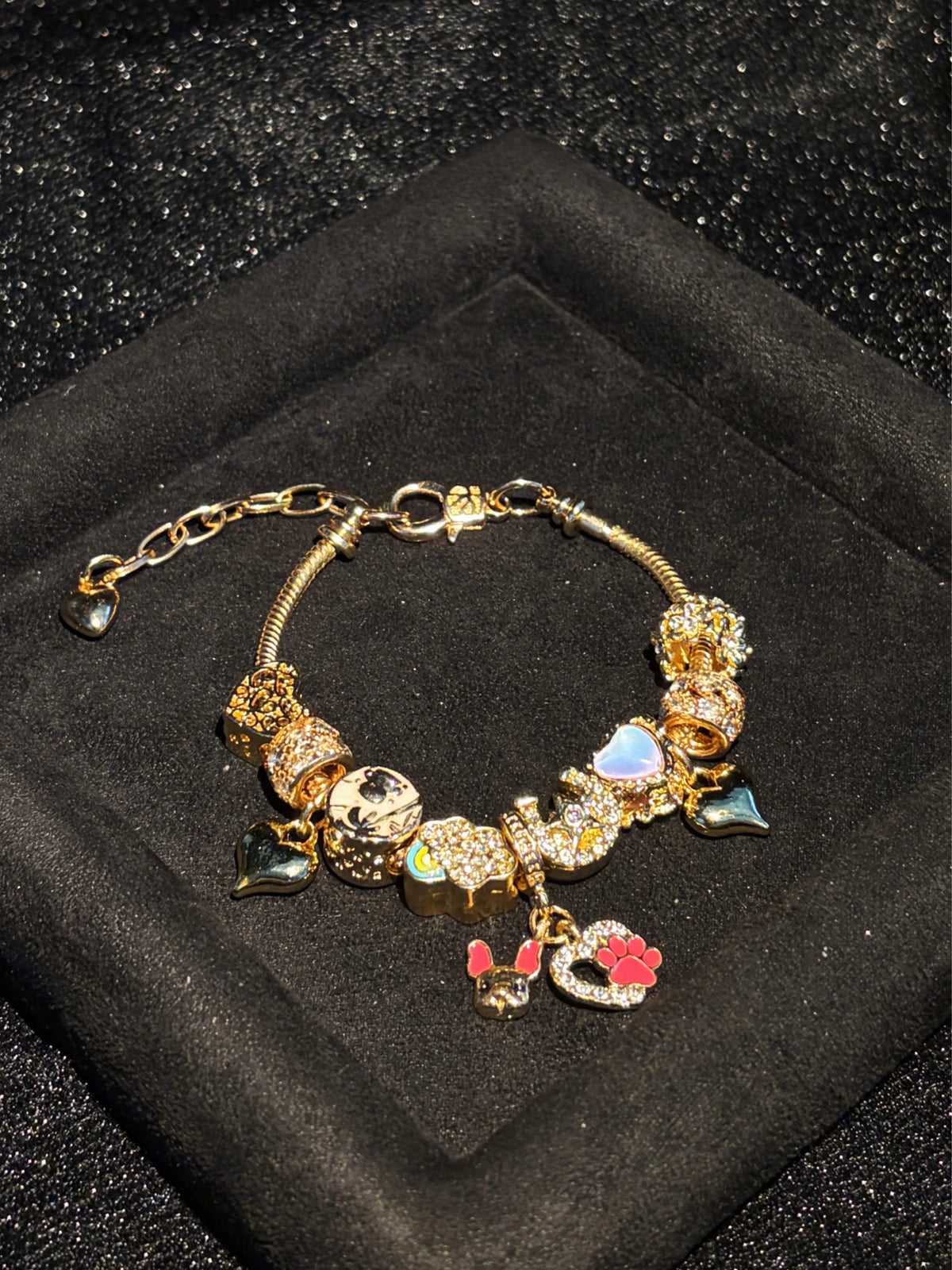 Women's Gold-Tone Snake Bone Charm Bracelet with Cute Pet Paw Heart Dangle Charms and Sparkling Crystal Beads - Fashion Costume Jewelry Gift for Teen Girls