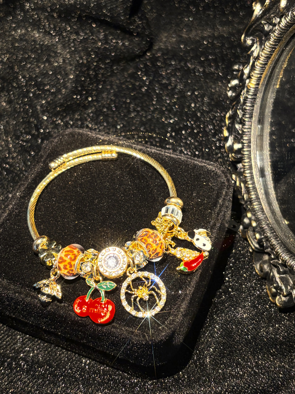 Women's Gold-Tone Open Bangle Bracelet - Leopard Print, Cherry, Spider, Bee, Chili Dangle Charms - Sparkling Rhinestone Enamel Statement Jewelry Gift for Women