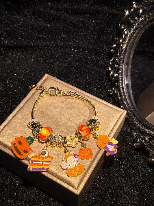Halloween Themed Charm Bracelet, Gold-Tone Chain with Pumpkin, Kitten, Cake Enamel Charms, Festive Holiday Costume Jewelry Gift for Women