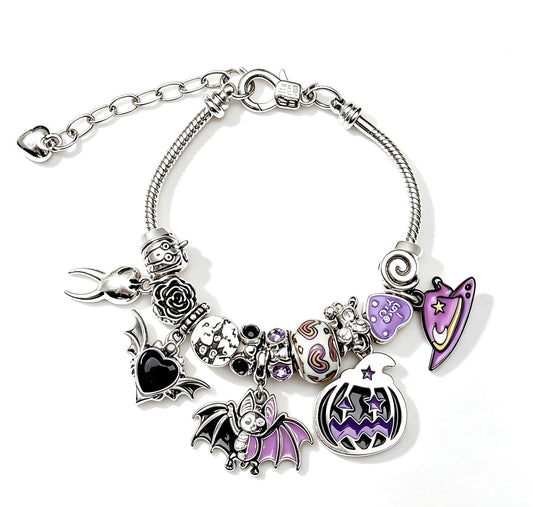 Gothic Halloween Bat & Pumpkin Charm Bracelet, Silver-Tone Snake Chain with Purple Enamel & Black Heart Beads, Edgy Jewelry for Women
