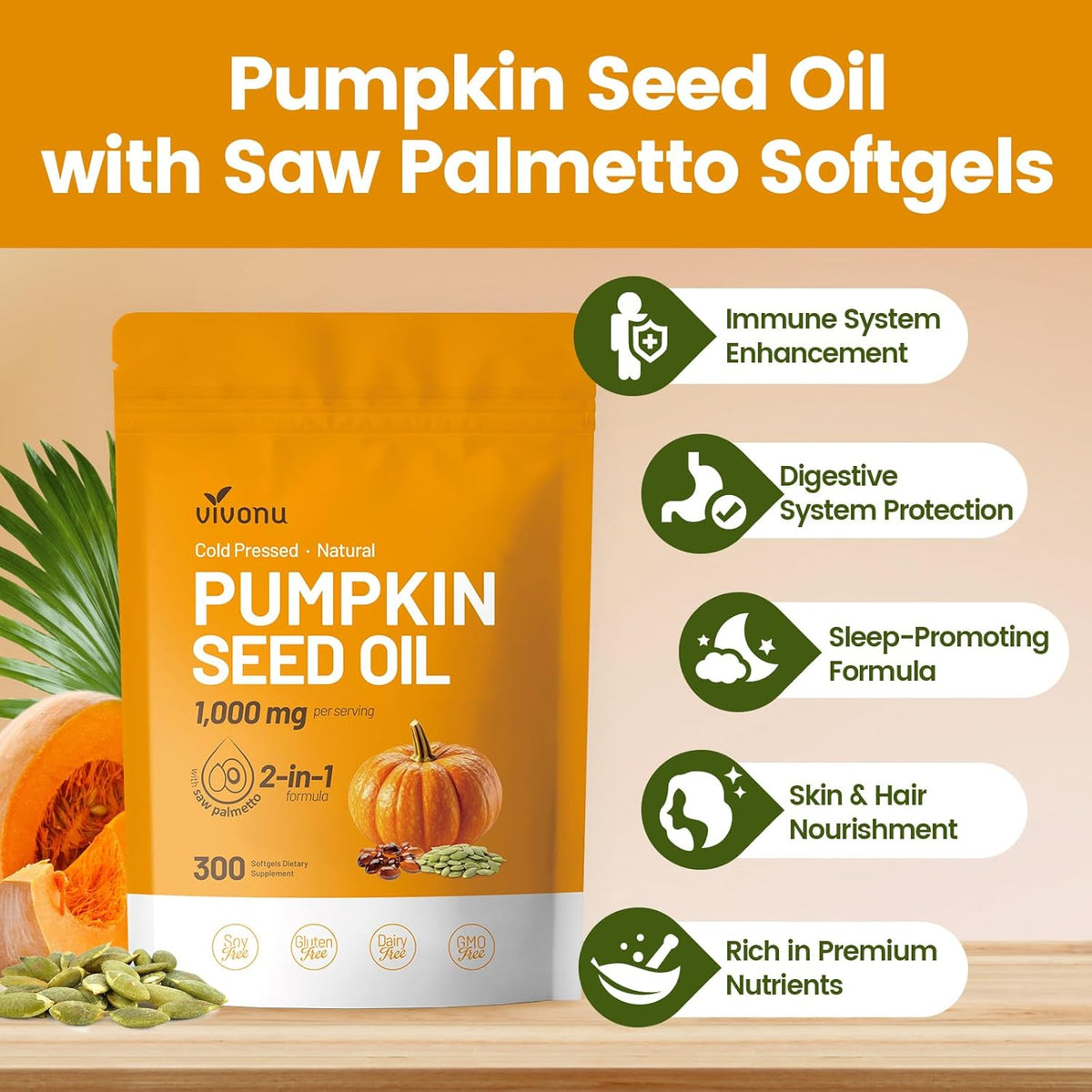 Pumpkin Seed Oil & Saw Palmetto Supplement Cold Pressed, Pure Virgin Oil Softgels Hair Growth, Urinary, Bladder & Prostate Support Non-GMO 300 Count