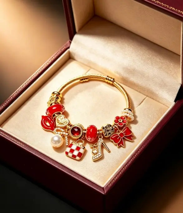 Fashion Red Lip & High Heel Charm Bangle, Gold-Tone Twisted Wire Hard Bracelet with Red Enamel & Pearl Beads, Western Style Jewelry for Women
