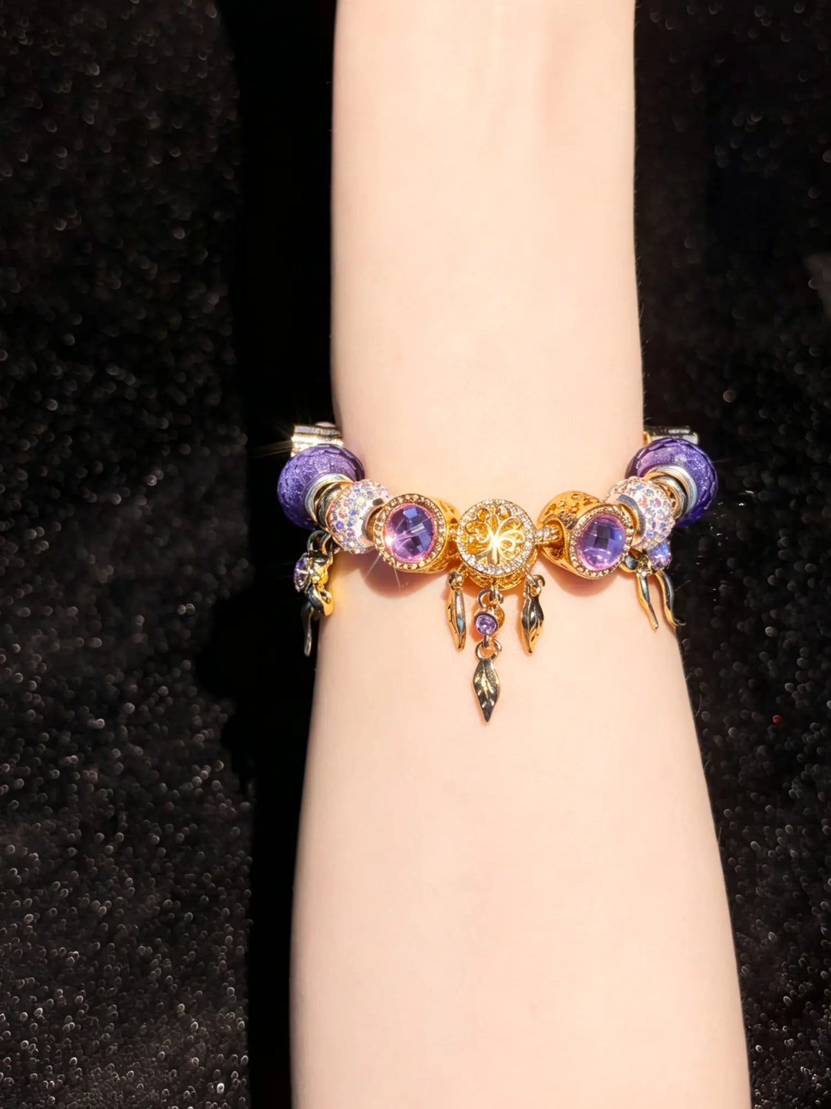 Women's Elegant Ornate Hollow Leaf Floral Dangle Charm Bracelet - Gold-Tone Snake Chain, Purple Crystal, Glitter Beads - Fashion Costume Jewelry Gift