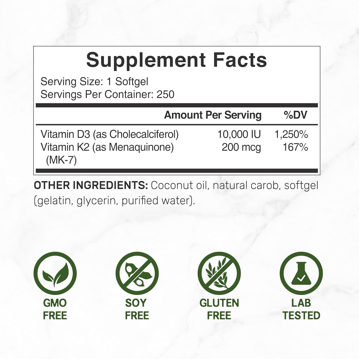 DEAL SUPPLEMENT Vitamin D3 10,000 IU + K2 MK7 200mcg Softgels, 250 Count | 2-in-1 Complex with Virgin Coconut Oil | Supports Heart, Bone, Teeth & Immune Health* | Easy to Swallow
